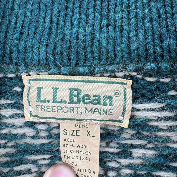VTG LL Bean Wool Jacket Mens XL Snowflake Green Sweater Made In USA - Picture 3 of 4